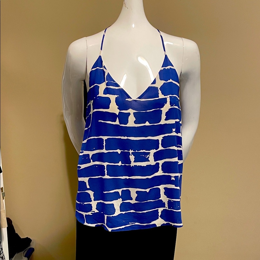 Alice+Olivia Cobalt Blue White Geometric Print Racer Back Camisole Silk S NWOT